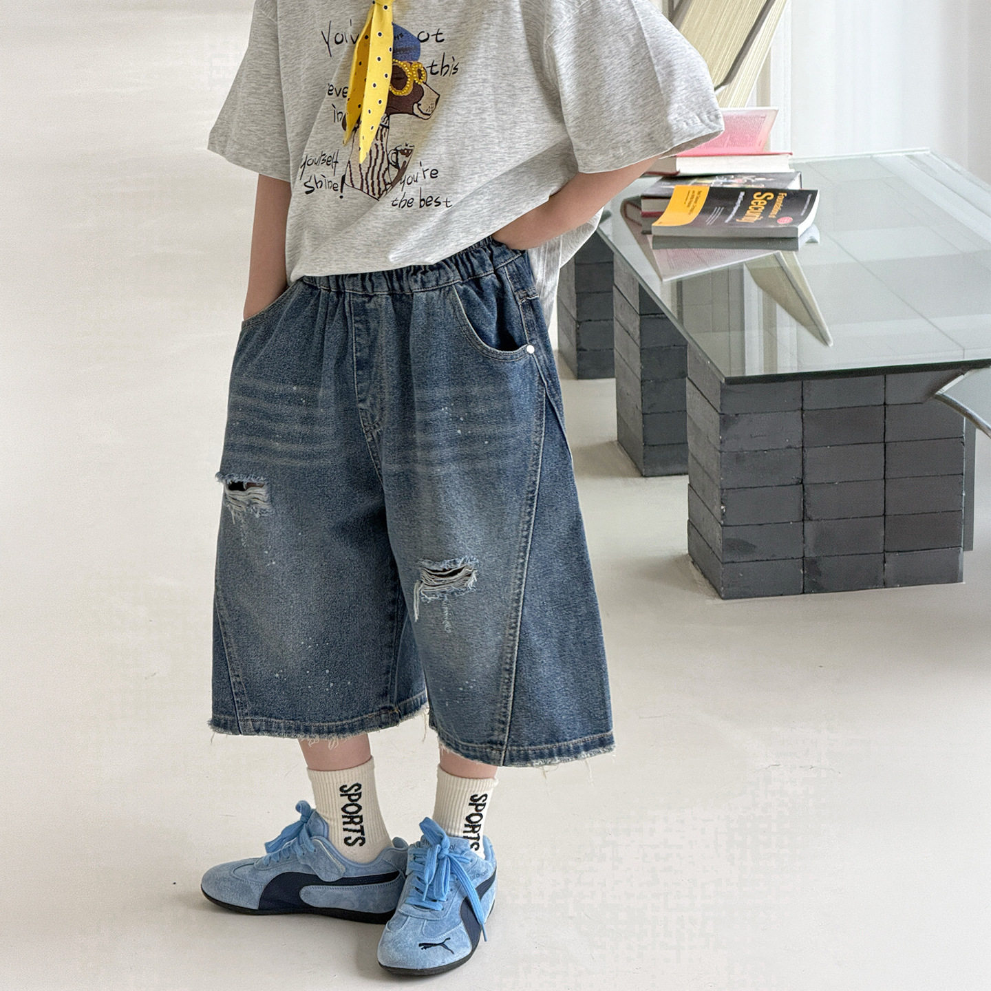 小杰家2026新款夏季韩版男童短裤休闲裤时尚破洞牛仔裤潮