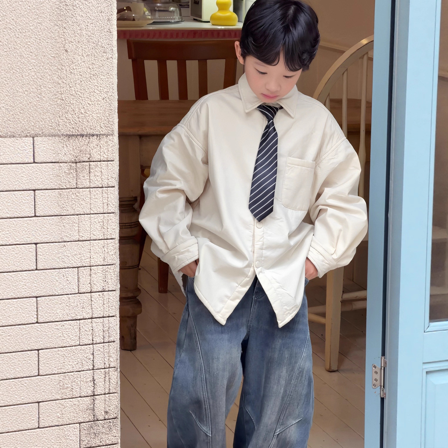 小杰家冬季新款男童加绒领带衬衫