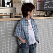 字母刺绣男童宽松短袖 衬衫 衬衣 蓝白小格子短袖 小杰家2026春夏新款
