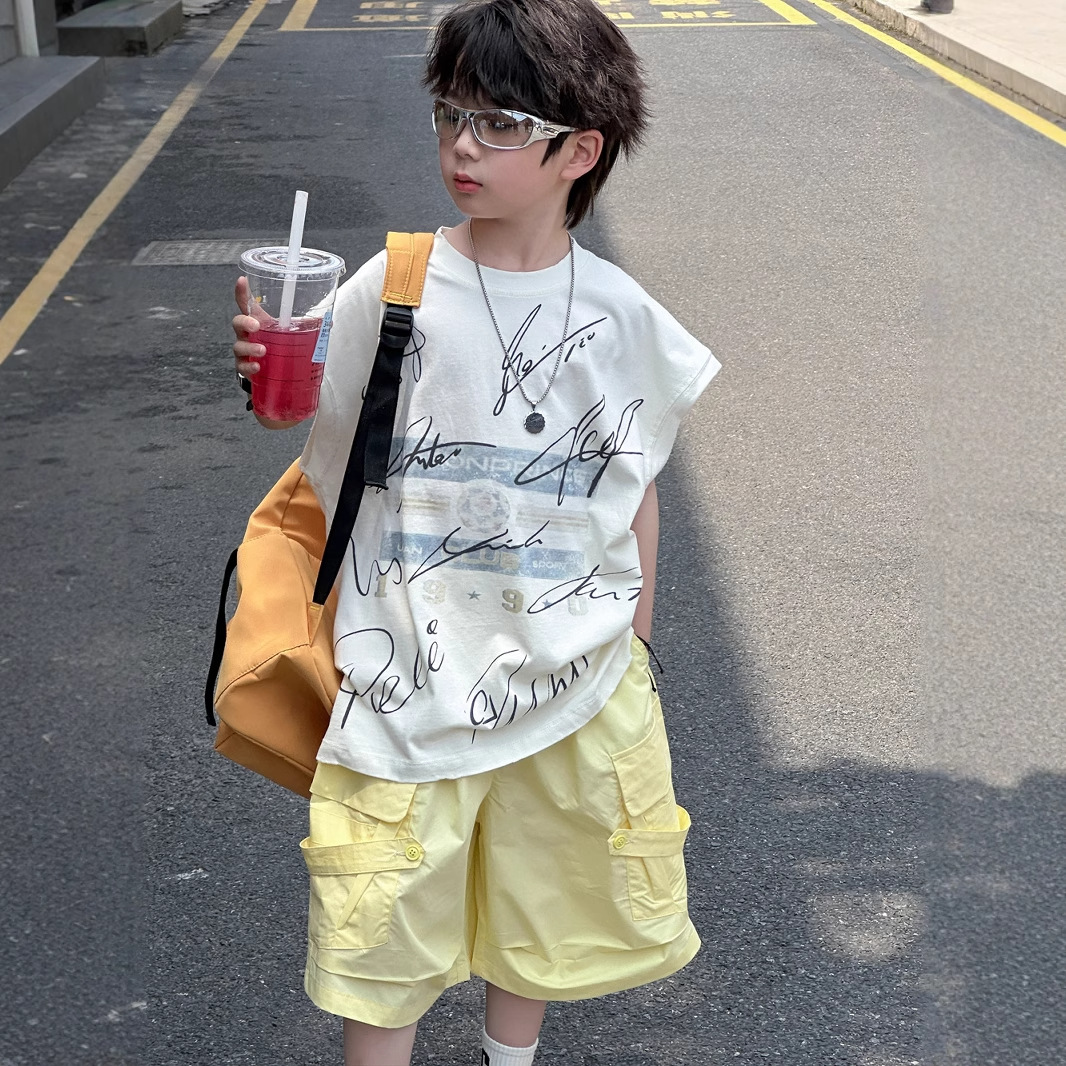 夏季新款男童手绘字母无袖T恤