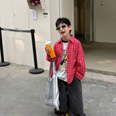 休闲叠穿开衫 小杰家2026春季 韩版 男童洋气卡通格子衬衫 外套 新款