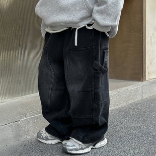 小杰家冬款新款儿童加绒工装牛仔裤复古宽松直筒一体绒男童长裤