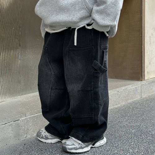 冬款新款儿童加绒工装牛仔裤