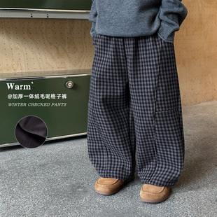 小杰家2025冬季新款男童中大童加绒加厚一体绒拼片毛呢格子长裤