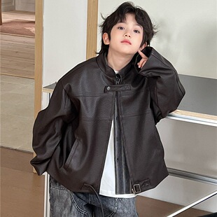 小杰家2025秋冬款 皮衣外套 男童立领复古潮款