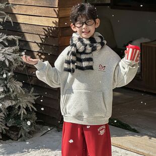 小杰家2025冬季新款男童中大童卫衣加绒刺绣连帽保暖潮