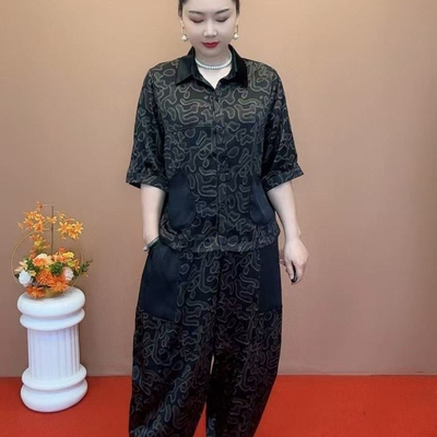 胖妈妈夏季印花套装休闲两件套
