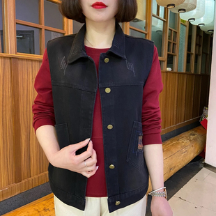 2025春季女春秋百搭立体装饰修身百搭牛仔马夹大码翻领马甲外套