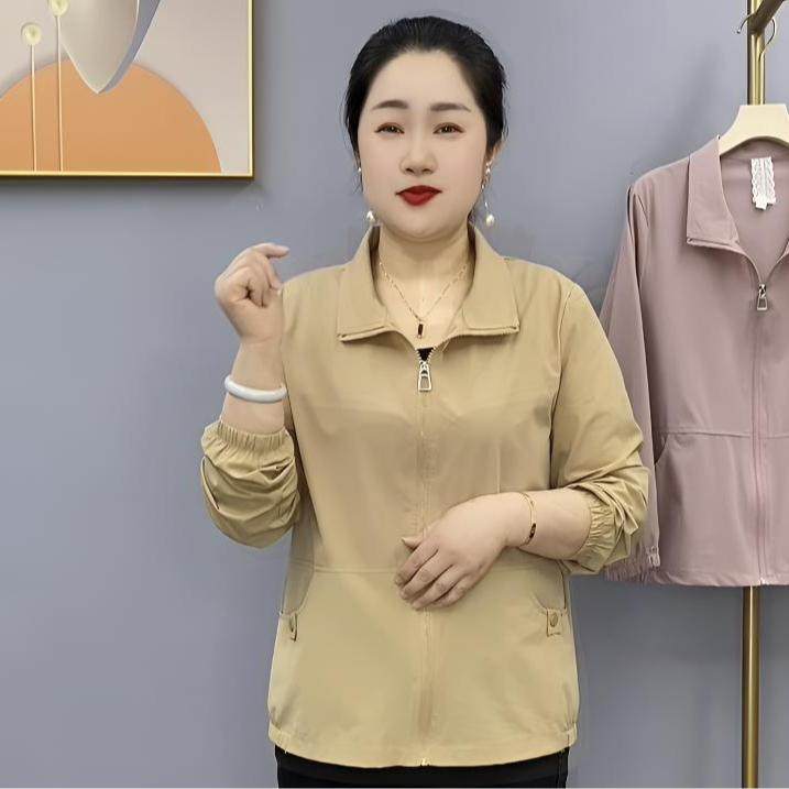 中老年女装妈妈秋装薄风衣外套短款夹克洋气宽松上衣单层纯色夹克