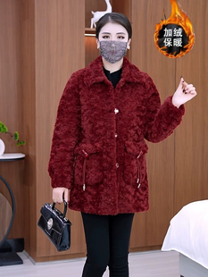 中老年女装妈妈羊羔毛加绒加厚上衣年轻妈妈中长款羊剪绒毛呢外套