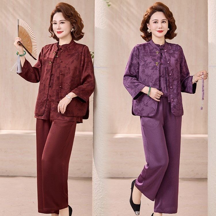 新中式中老年女装春装套装酒红色复古喜婆婆妈妈春秋季喜服三件套