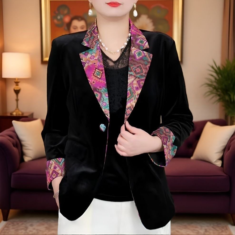 春秋新款金丝绒西装外套女大码时尚气质修身显瘦遮肉西服妈妈上衣