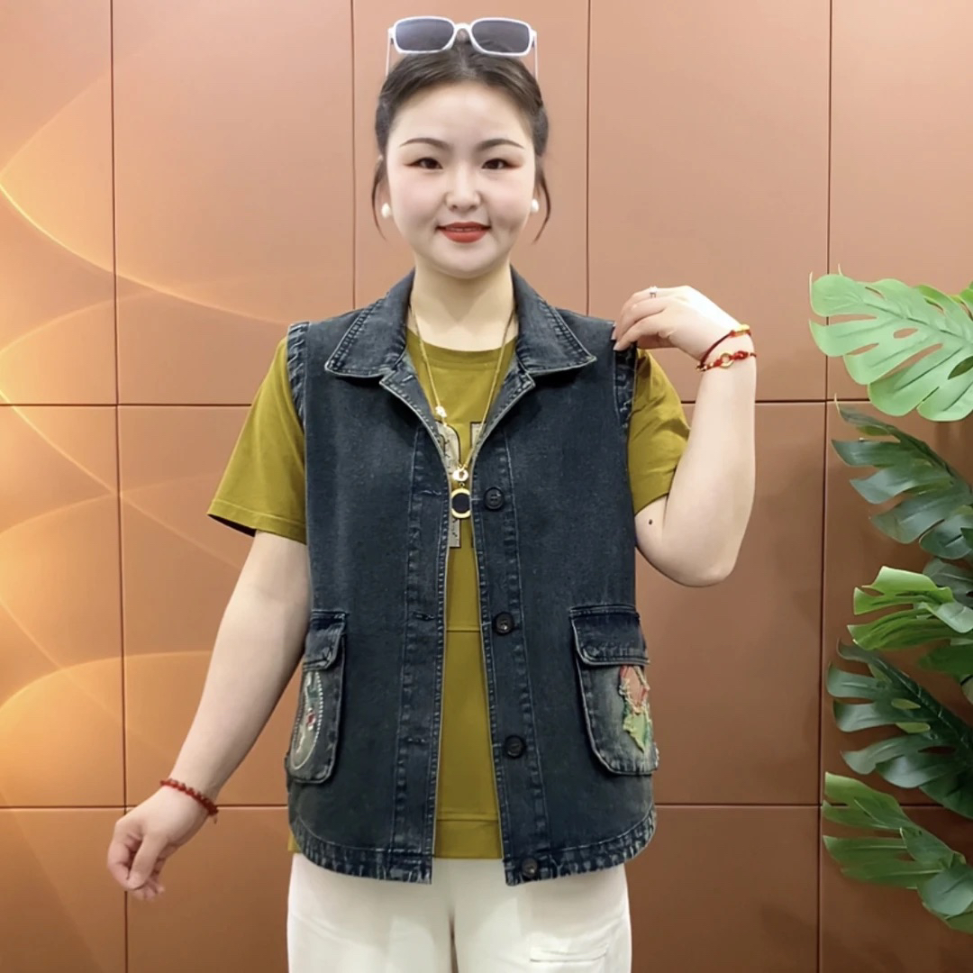 贴布拼接休闲坎肩黑色牛仔马甲女