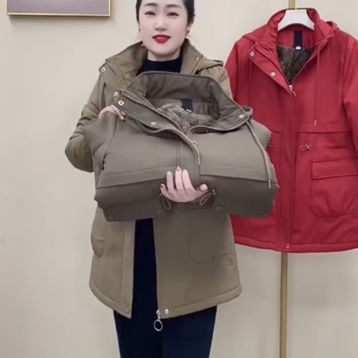 中长款加绒小个子连帽外套棉服