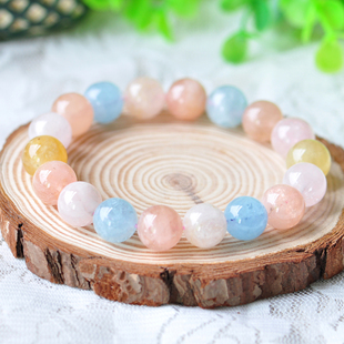 天然摩根石手链 5A级 清纯甜美五彩透嫩海蓝宝水晶手串 饰品女