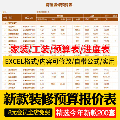 2023装修预算报价表模板家装工装装饰公司材料价格清单施工进度表