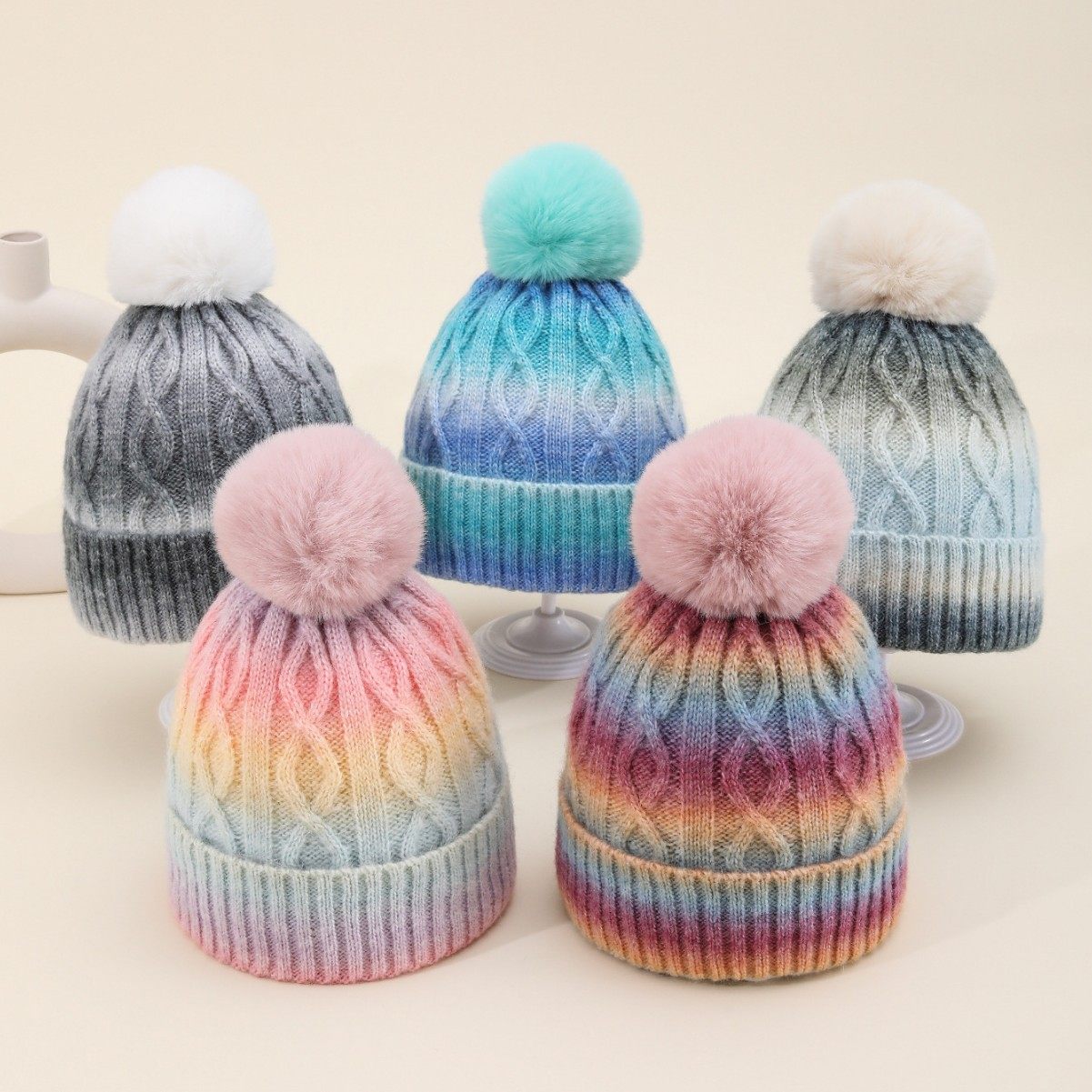 外贸冬帽子女冬季新款加绒户外保暖帽扎染渐变彩色毛线帽子
