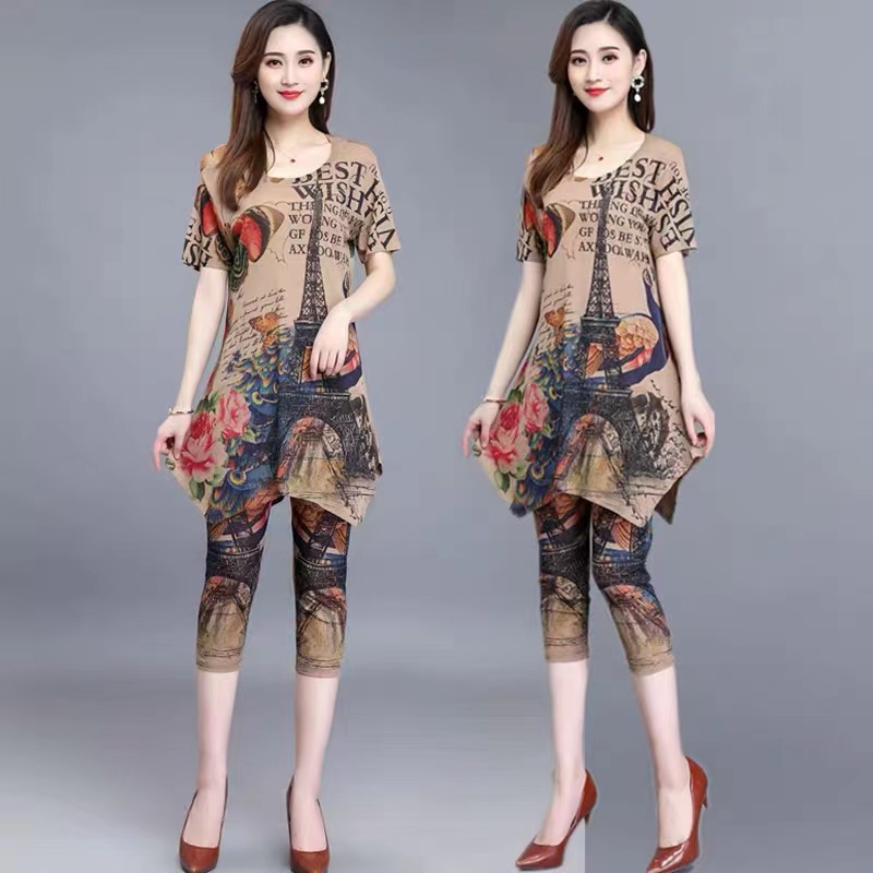 中年妇女套装短袖t恤显瘦打底裤子加肥大码休闲运动两件套妈妈装