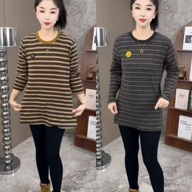 秋季新款女装简约时尚条纹T恤女长袖中长款圆领笑脸撞色百搭上衣