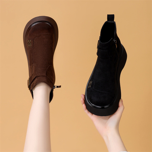反绒皮厚底马丁靴女2025秋冬新款小个子增高气质百搭软底短靴轻便