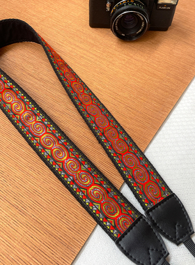 红色圆圈花纹原创手工相机肩带国潮刺绣民族风单反背带摄影数码
