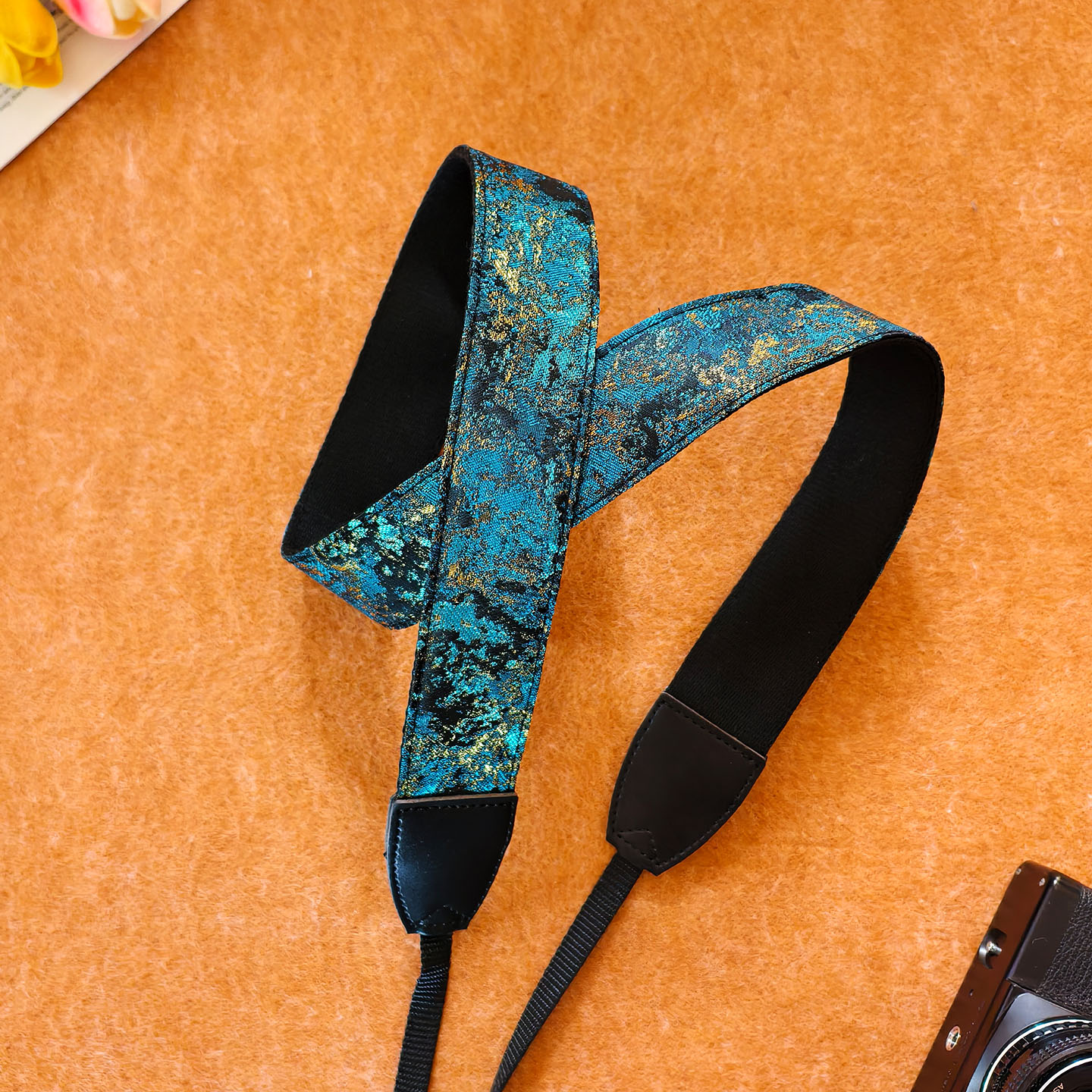 原创手工相机肩带青色泼金刺绣图案摄影背带挂绳微单拍立得民族风