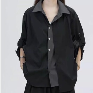 假两件黑色西装衬衫男女同款春秋长袖韩版宽松显瘦情侣装设计感灰
