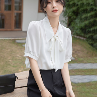 白色雪纺飘带衬衫 设计感小众港风通勤职业上衣百搭蝴蝶 女短袖 夏季