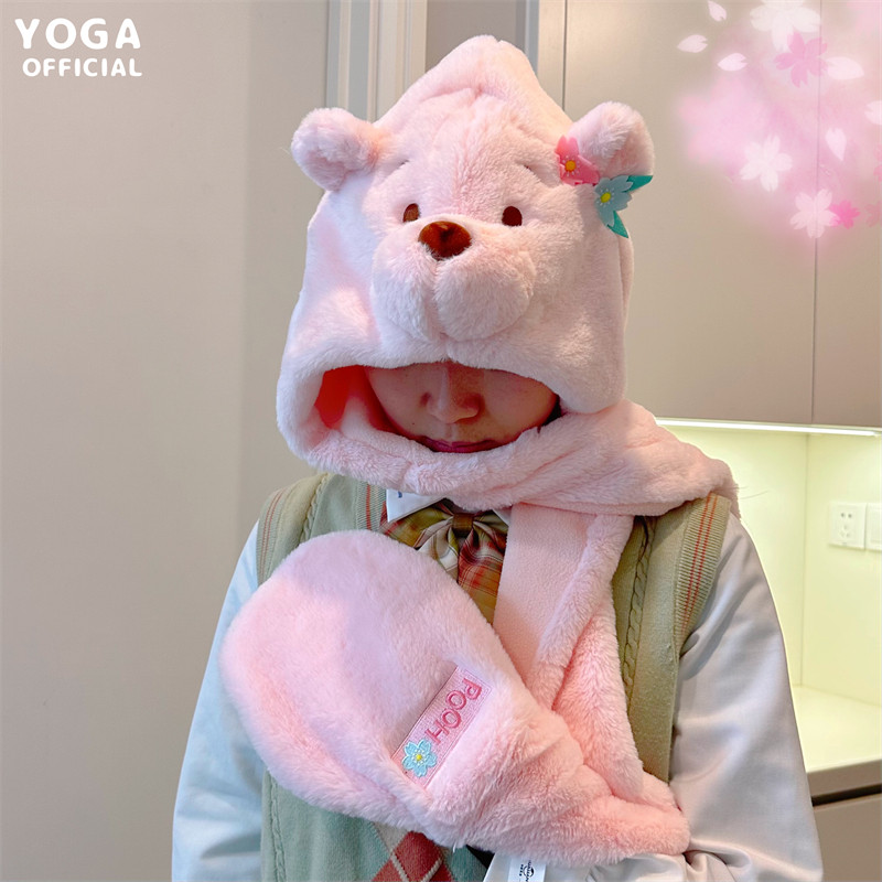 迪士尼可爱樱花维尼熊帽子围巾手套三合一正版卡通少女心冬季保暖
