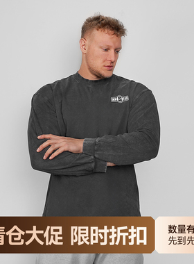 innstar纯棉长袖T恤秋冬季新款休闲宽松简约做旧运动水洗训练上衣