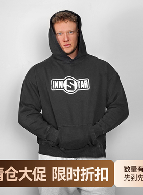 innstar纯棉秋冬新款休闲宽松简约风洗水做旧款训练运动连帽卫衣
