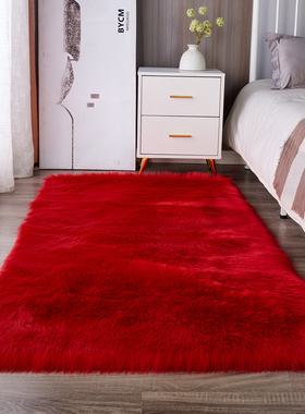 红色毛绒地毯卧室床边毯毛毛婚房长毛满铺少女简约现代大红色地垫