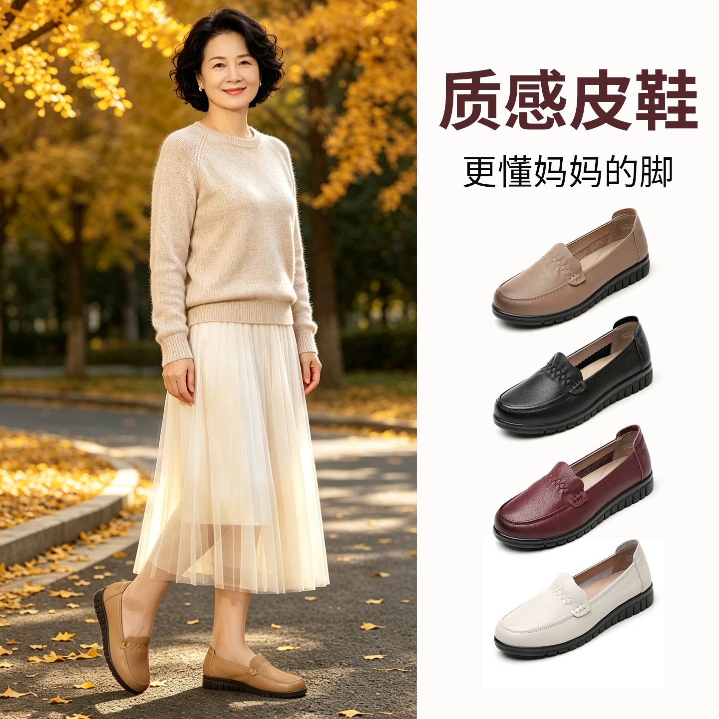 信诺2026秋季真皮舒适中老年妈妈鞋超软底一脚蹬不累脚通勤女单鞋
