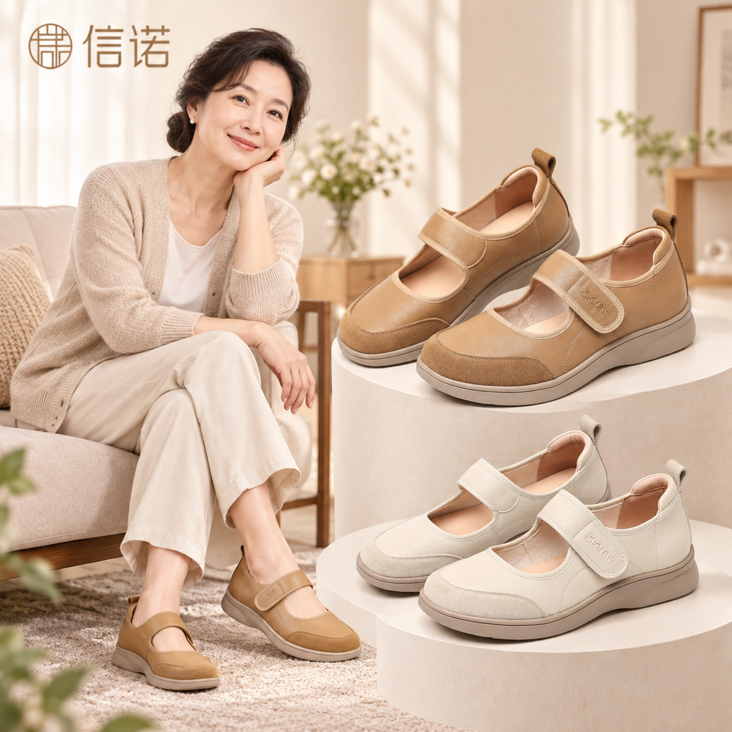信诺2026秋季新款玛丽珍鞋女平底魔术贴舒适软底百搭休闲妈妈单鞋