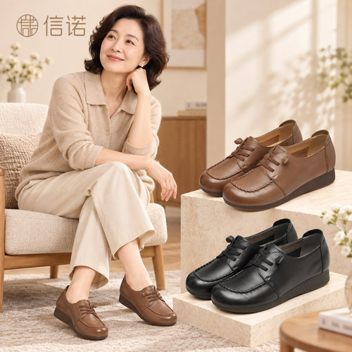 信诺真皮通勤平底不累脚妈妈鞋