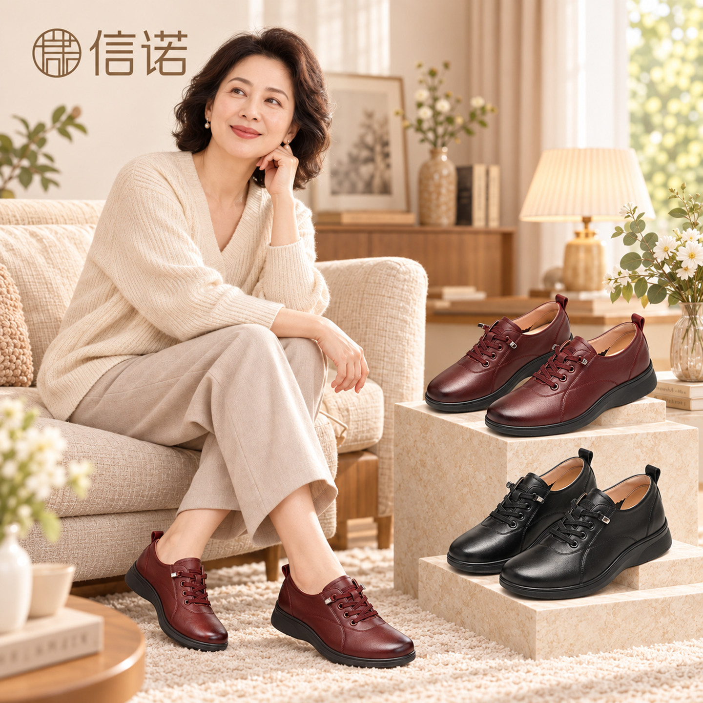 信诺真皮女系带平底乐福鞋不累脚