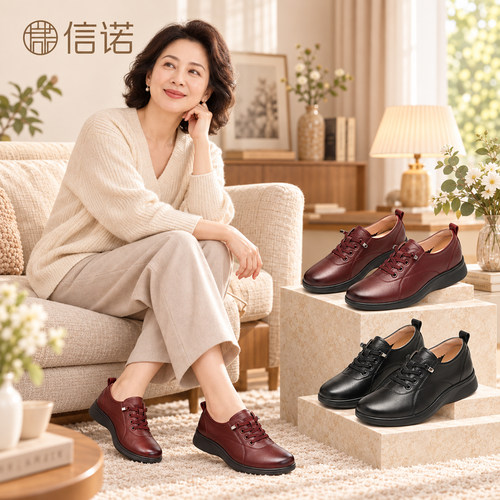 信诺真皮女系带平底乐福鞋不累脚
