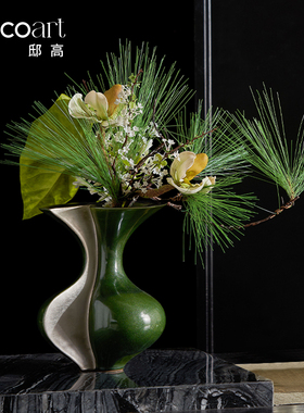 邸高茶楼会所绿色系银彩陶瓷花瓶器客厅茶几茶空间展示台茶具摆件