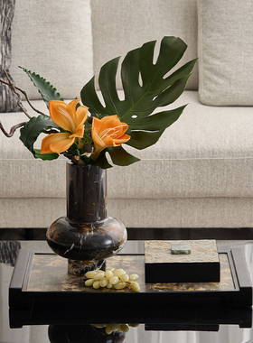 轻奢复古售楼处茶几天然大理石黑金花花器床头柜装饰组合石材摆件