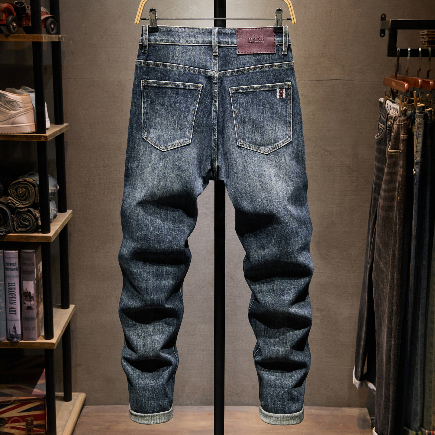 高端复古做旧牛仔裤男欧美秋冬刮烂修身小脚百搭弹力休闲长裤
