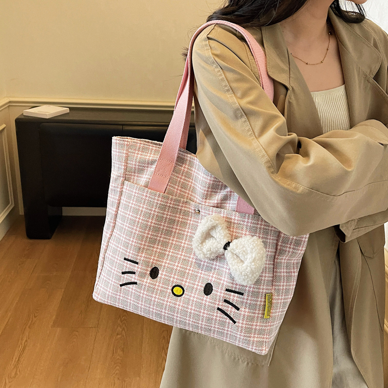 可爱格子帆布托特包女大容量