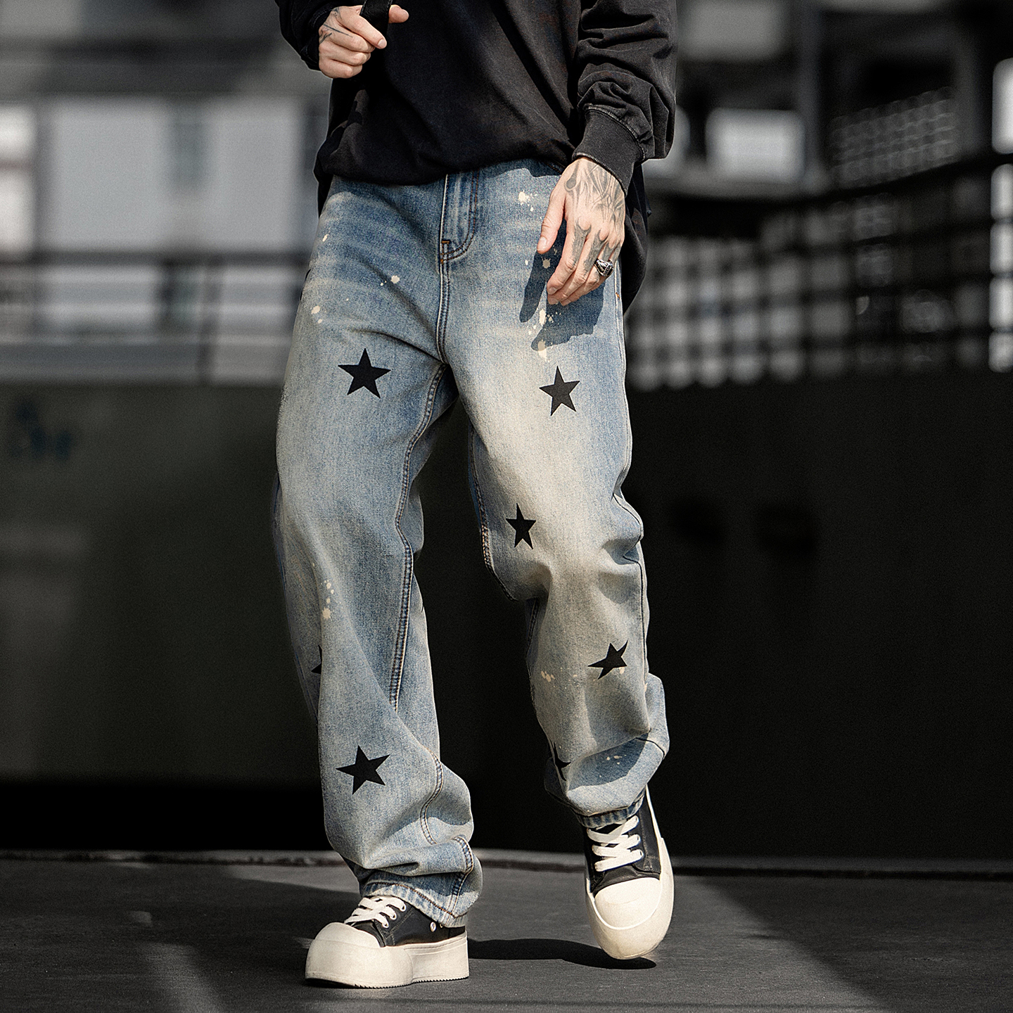 高街vibe风轻奢潮牌五角星印花泼墨宽松直筒潮流牛仔裤男士阔腿裤