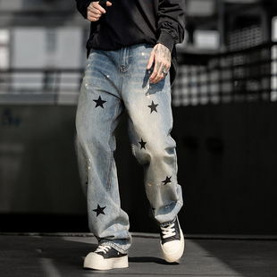 阔腿裤 高街vibe风轻奢潮牌五角星印花泼墨宽松直筒潮流牛仔裤 男士