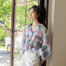格子女士衬衣 女复古文艺少女长袖 法式 大翻领甜美公主盐系衬衫