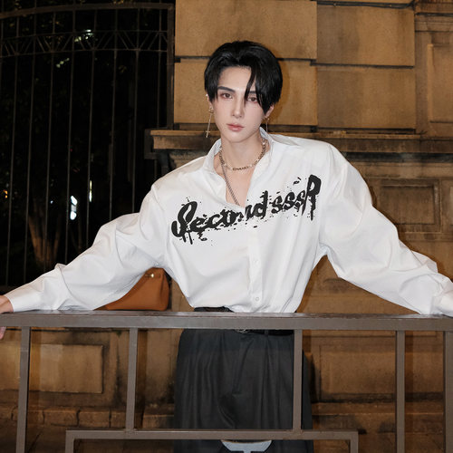 杨一帆潮牌ins字母纯色百搭衬衫