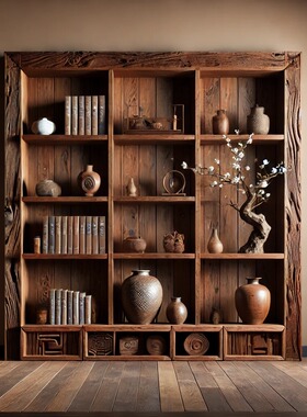 侘寂风实木博古架风化木储物置物架落地多层老榆木收纳展示柜