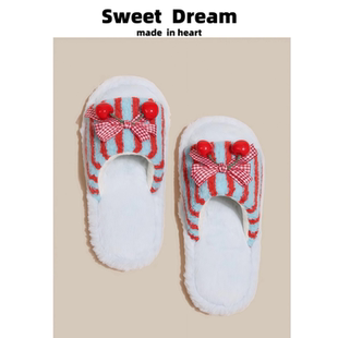 撞色樱桃开口毛绒拖鞋蝴蝶结条纹透气秋冬季居家少女毛毛棉拖鞋女