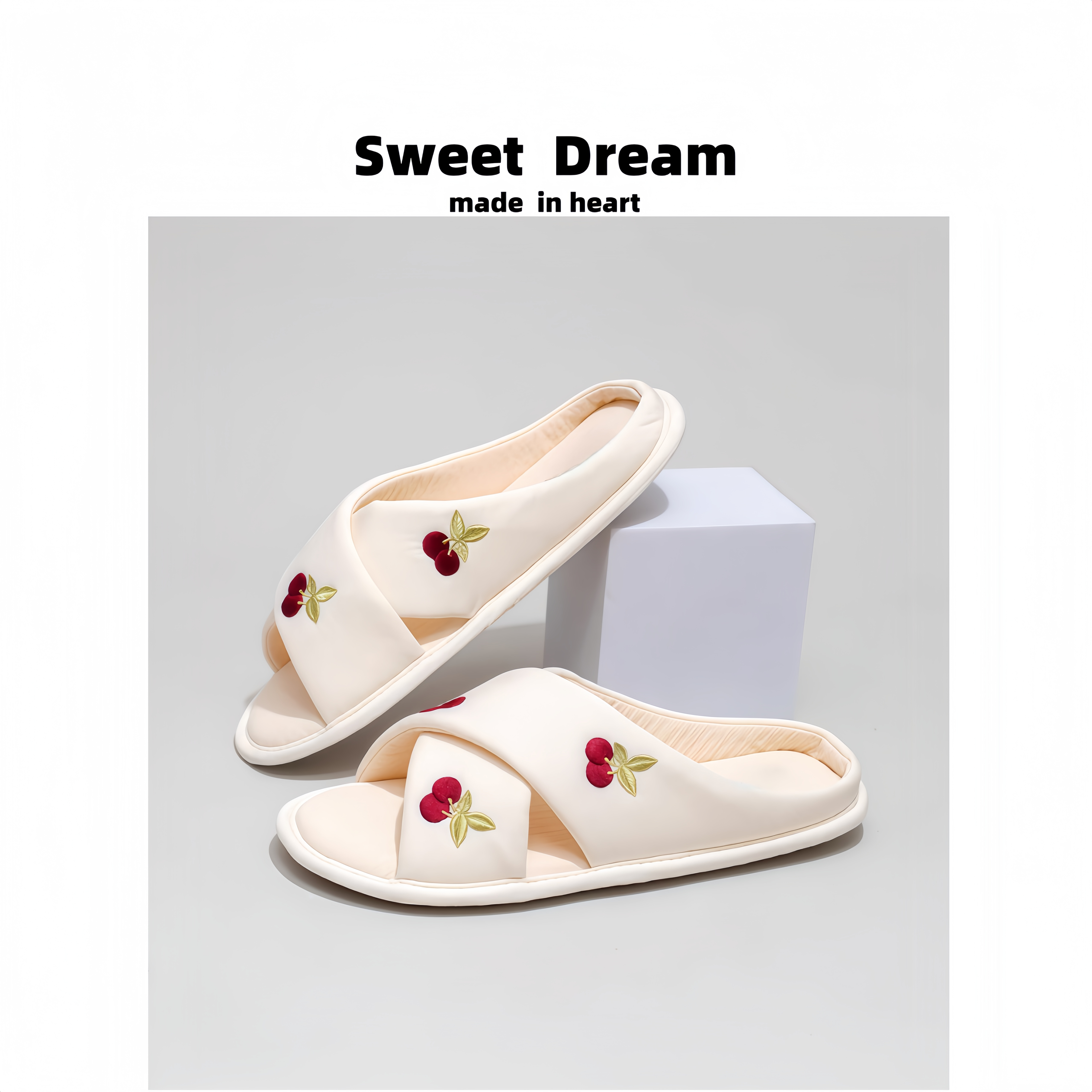甜美风樱桃刺绣交叉带拖鞋女居家静音室内棉拖鞋防滑简约女士平底