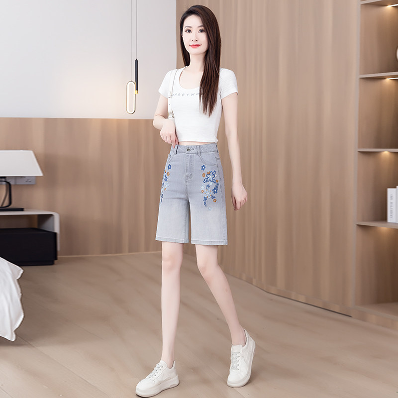短裤女款夏季新款中裤时尚刺绣宽牛仔裤