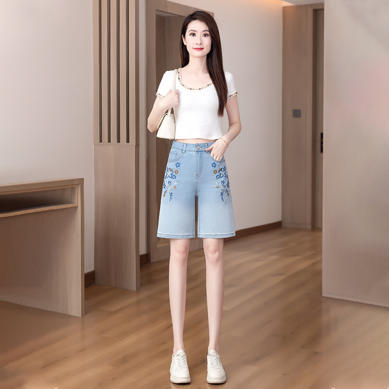 刺绣牛仔短裤女夏新款高腰显瘦宽松阔腿裤夏季薄款